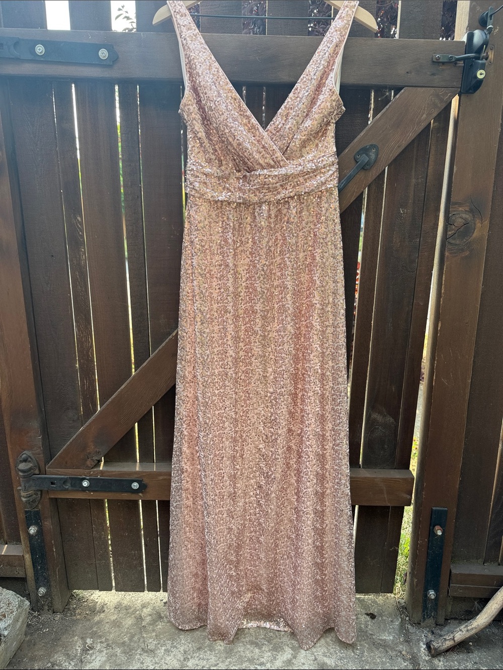 David's Bridal Rose Gold Sequin V-Neck Maxi Dress